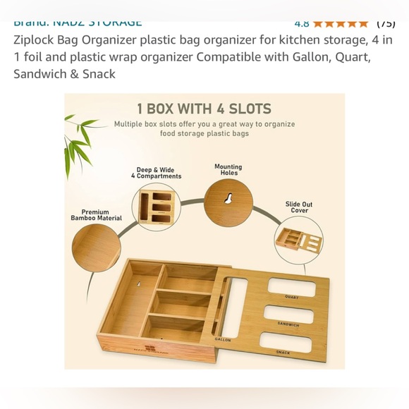 NWT! Bamboo Food Bag Storage Organizer Drawer Or Wall Mount - Sold Out Online - Picture 6 of 10